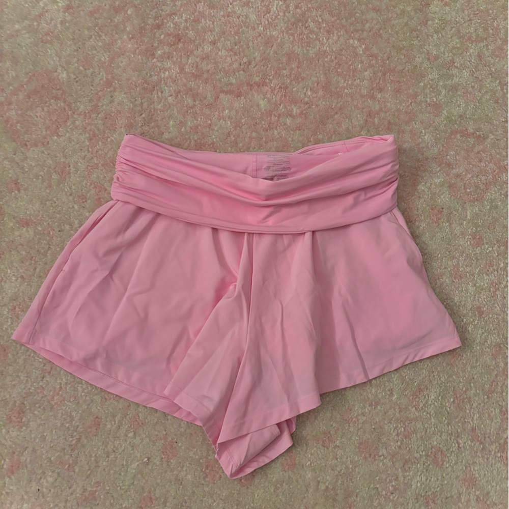 Pink fold over waist band athletic shorts